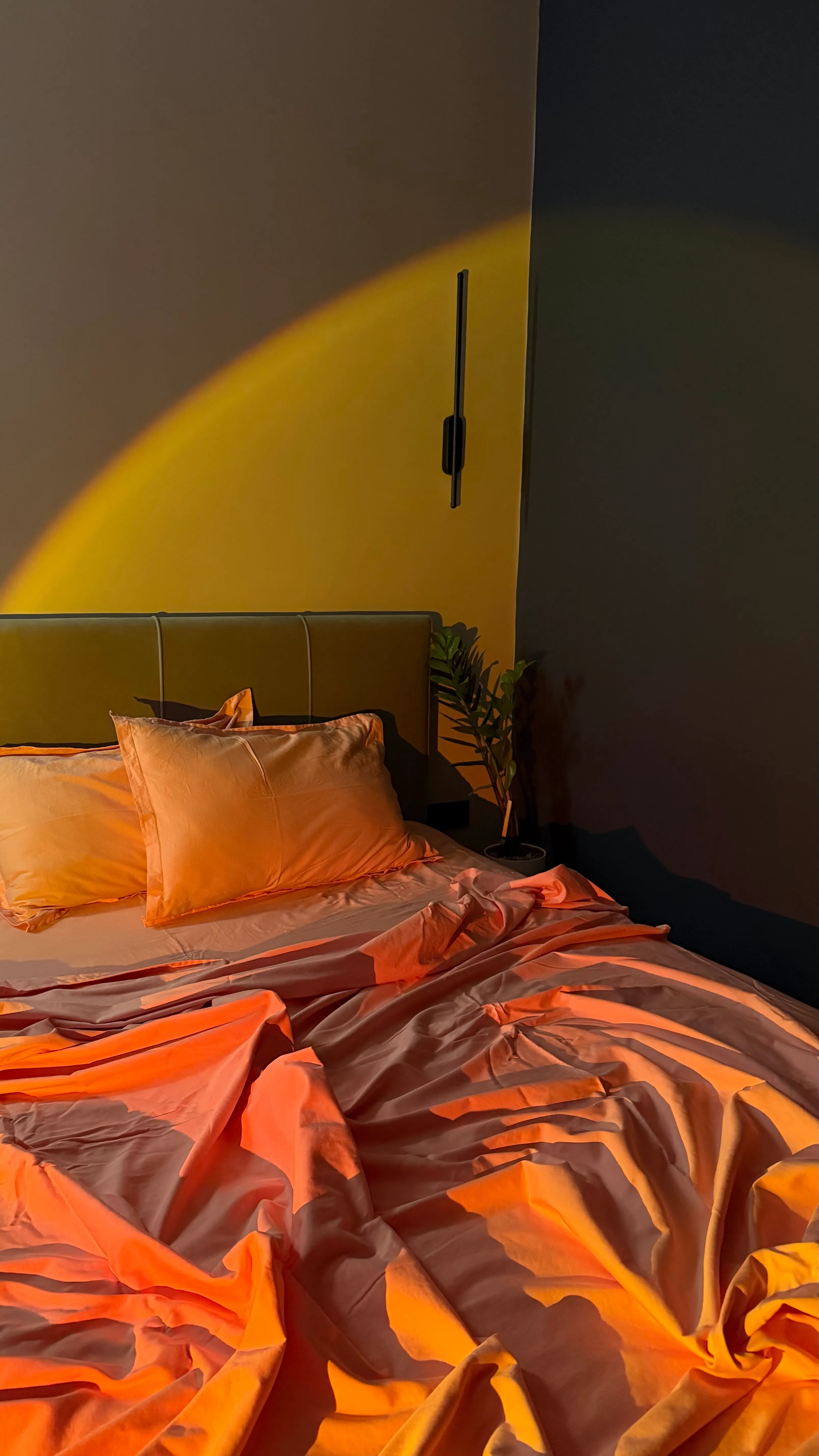 Warm, inviting bedroom scene with bold lighting casting orange hues over a neatly made bed.